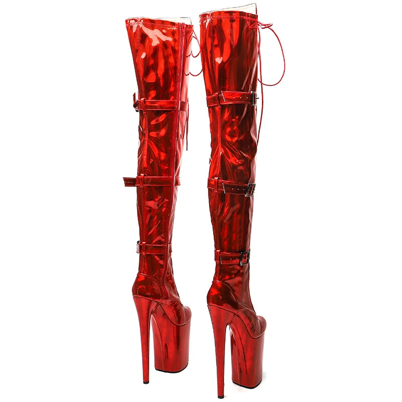 Leecabe 23CM/9 Zoll Holografie Glänzendes PU Obermaterial Modetrend Plateau High Heel Stripperabsatz Pole Dance Stiefel