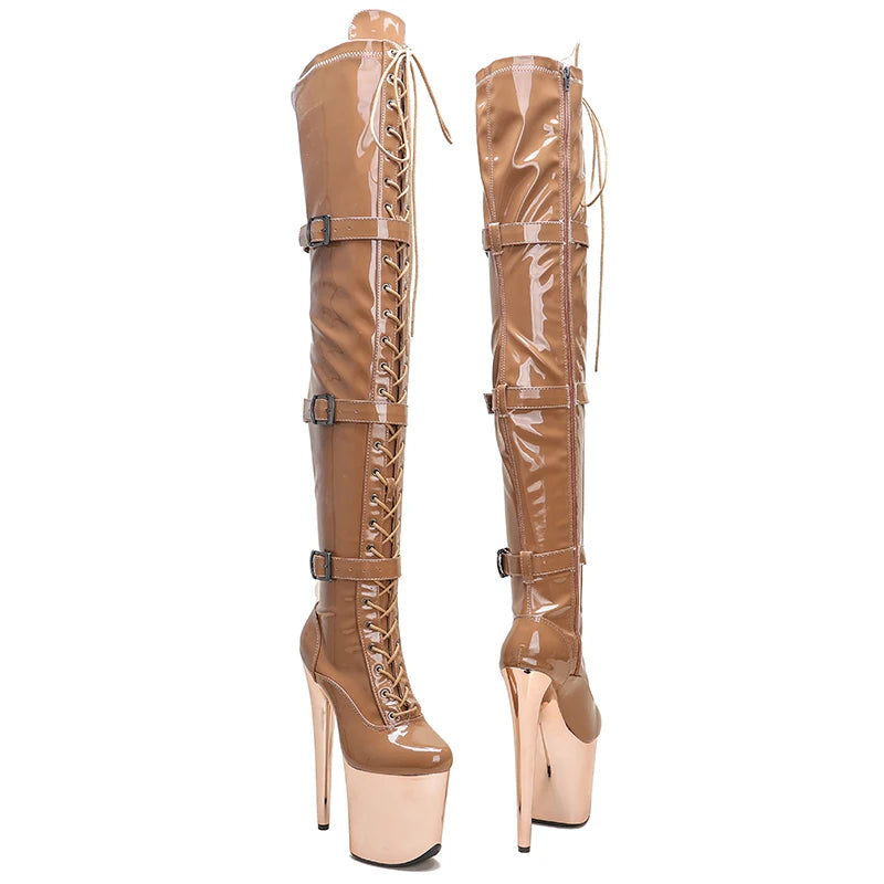 Leecabe 20CM/8 pouces bottes à talons hauts en cuir verni à bout fermé au-dessus du genou bottes de pole dance