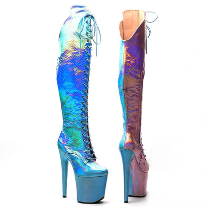 Leecabe Holo Pink mit Blau 20CM/8inch Pole Dancing High Heel Plateaustiefel mit Spitze und Reißverschluss