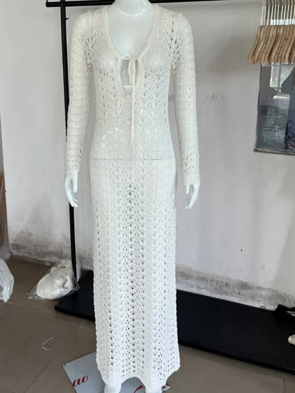 Weißes gestricktes Strandkleid für Frauen, sexy, aushöhlen, schlankes Maxi-Boho-Urlaubskleid, Sommer, Langarm-Bikini-Vertuschung, Kleid 2024