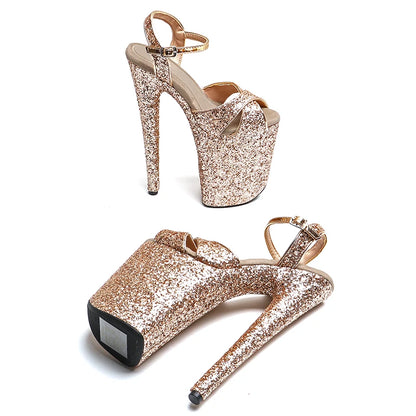 Leecabe 23CM/9inches Glitter PU  upper with shiny PU Starp  fashion trend exotic  Platform High Heels Sandals Pole Dance shoes