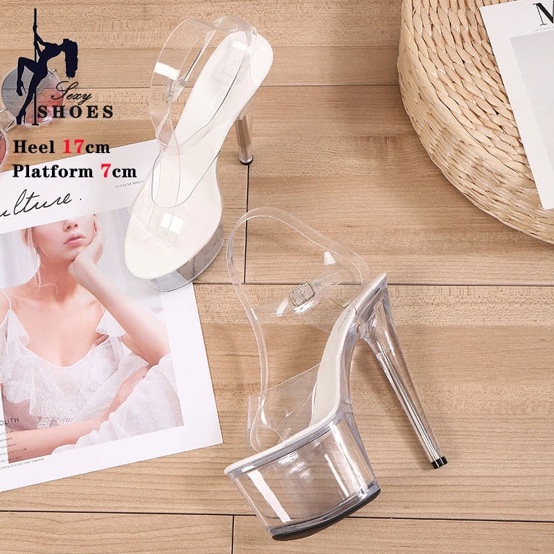 2024 Summer Open Toe Platform High Heels Sexy 17CM Transparent Sandals Women Ankle Buckle Strap Party Stripper Shoes Slippers