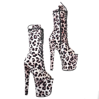 Leecabe 20CM/8Inch lady  Leopard  PU  upper  High Heels Pole Dance boot