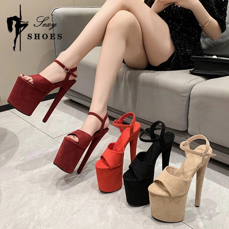 2024 Nouvelles Femmes D'été 20cm Talons Hauts 10cm Plateforme En Daim Noir Sandales Dame Talons Aiguilles À Lanières Sandales Catwalk Fétiche Chaussures