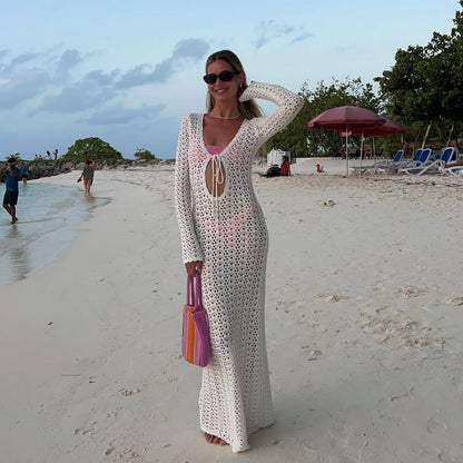 Weißes gestricktes Strandkleid für Frauen, sexy, aushöhlen, schlankes Maxi-Boho-Urlaubskleid, Sommer, Langarm-Bikini-Vertuschung, Kleid 2024