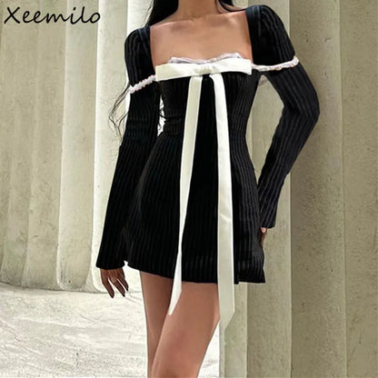 Xeemilo Élégante Robe Patchwork À Manches Longues En Dentelle À Col Carré Rétro Moulante Mini Robes 2023 Soirée Fête Robes