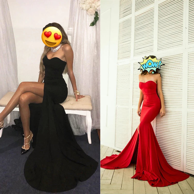 Sexy Strapless Long Black Maxi Dress Front Slit Bare Shoulder Red Women's Evening Summer Night Gown Party Maternity Dresses