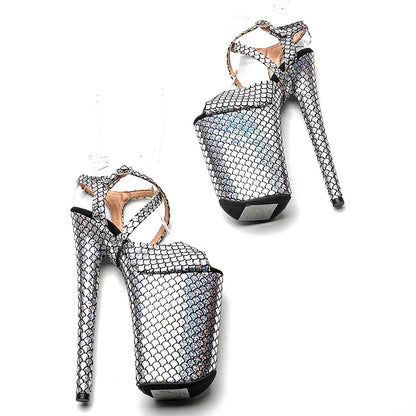 Leecabe 23CM/9inches Silver color PU upper fashion trend exotic Platform Sexy  High Heels Sandals Pole Dance shoes