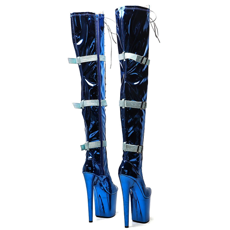 Leecabe 20CM/8 pouces Tige en PU brillant Bout ouvert Tendance de la mode Bottes à talons hauts Bottes de pole dance