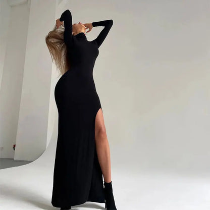 New Autumn Winter Dresses Women Sexy Black Split Elegant Maxi Dress Streetwear Fashion Casual Slim Turtleneck Long Sleeves Dress