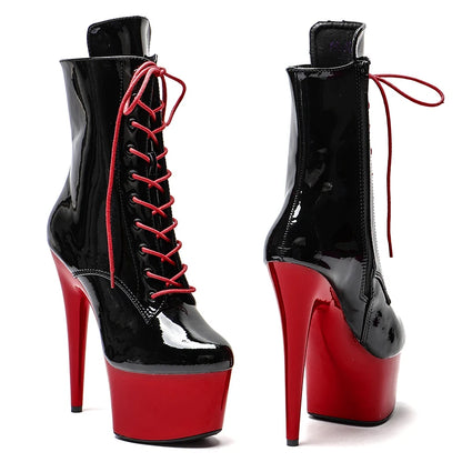 Leecabe Shinny Black Upper with RED Platform 17CM/7inches Pole dancing High Heel platform Pole Dance Boots