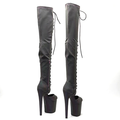 Leecabe 20CM/8 pouces Matériau réfléchissant Tige en PU Talon haut Plateforme Bottes Pole Dance Bottes