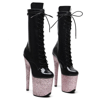 Leecabe Shiny  Snake  PU upper 20CM/8inches Glitter High Heel platform Boots closed toe Pole Dance boots