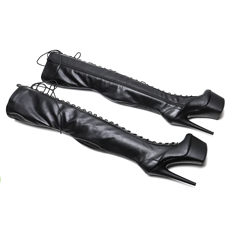 Leecabe 17CM/7 pouces Mat PU Tige sexy cuissardes à lacets Talon haut plateforme Pole Dance Boot