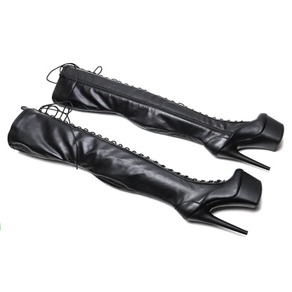 Leecabe 17CM/7 pouces Mat PU Tige sexy cuissardes à lacets Talon haut plateforme Pole Dance Boot