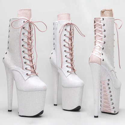 Leecabe 20CM/8 pouces Glitter Upper couleur blanche avec couleur rose Plateforme tendance mode Pole Dance Boot