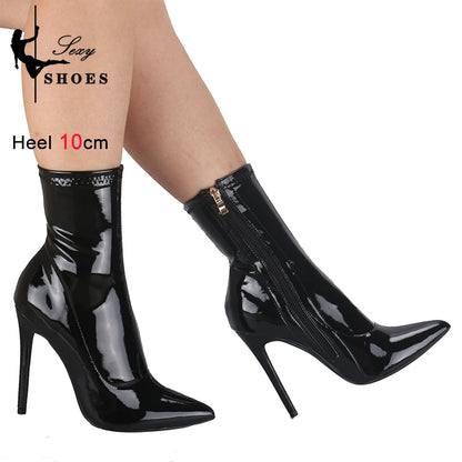 Bottines sexy à talons fins pour femmes, 10 cm, 12 cm, bottes courtes en cuir verni brillant, chaussures de bureau à talons hauts pour femmes