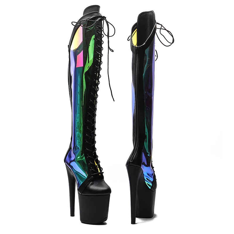 Leecabe 20CM/8 zoll Matte PU Mit holographie PU Oberen Mode trend schuhe High Heel plattform Stiefel Pole Dance stiefel