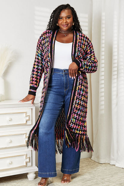 Angel Wings Full Size Multicolored Open Front Fringe Hem Cardigan